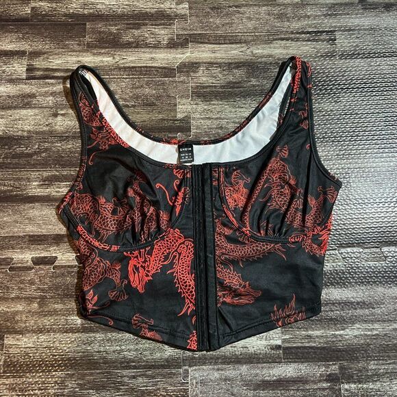 SHEIN Women's Chinese Dragon Print Ruched Bust Hook and Eye Tank Top - Picture 2 of 4